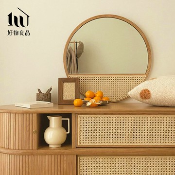 【好物良品】60x60cm _日本復古原木藤編造型半身鏡