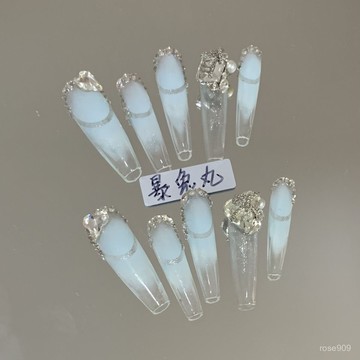 ✨Hannah✨玻璃海38mm細狗梯溫柔風顯白穿戴甲手工製作可反複使用超長辣妹美甲師暴兔丸 ZHII