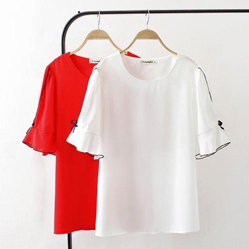 麗莎熊 LisaBear 微露肩圓領氣質波浪袖小蝴蝶結雪紡上衣 兩色可選