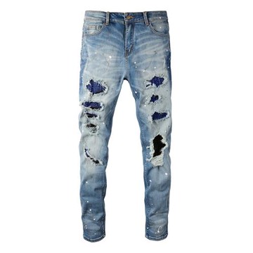 歐美高街潮牌AMR淺色藍鉆補丁破洞牛仔褲男士彈力修身小腳褲長褲