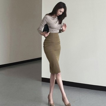 韓國東大門新款百搭氣質緊身顯瘦性感女人味皺褶高腰包臀半身裙潮