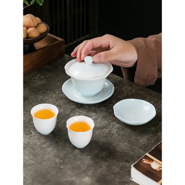 漸變陶瓷茶杯功夫茶蓋碗單個羊脂玉不燙手巖茶家用泡茶三才茶碗ml