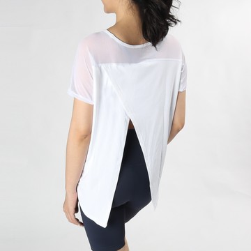 寬鬆交疊開叉綁結網紗拼接瑜珈/運動/機能短袖*