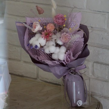 【& Grace Flower永生花禮花藝店】 粉紫色棉花索拉花束 永生花 送禮 節日送禮 禮物 《全台寄送》
