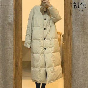 初色 復古風加厚保暖純色立領單排釦長袖長款白鴨絨科技保暖纖維外套女外套-共2色-16734(L-2XL可選)