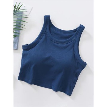 罩杯一體露臍女包邊圓領螺紋背心