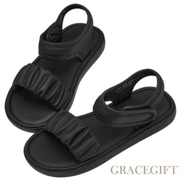 【Grace Gift】涼夏樂園雲朵抓皺平底涼鞋 黑