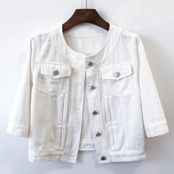 百搭圓領白色水洗牛仔外套女短款中袖春秋季薄款顯瘦大碼外搭