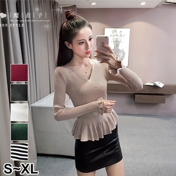 【QV1931】魔衣子-V領修身荷葉邊長袖針織上衣