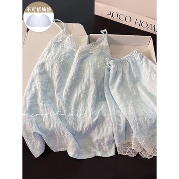 純棉睡衣女夏季藍色帶胸墊吊帶短褲蕾絲花邊甜美公主風家居服套裝