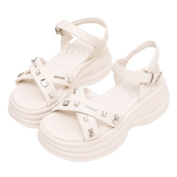 Ann’S X Sanrio三麗鷗 HELLO KITTY 聯名 真皮羊皮交叉厚底涼鞋6cm-米白