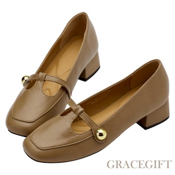 【Grace Gift】名媛日記方頭T字中跟瑪莉珍鞋 卡其