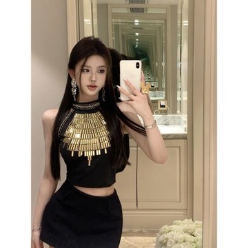 黑色重工燙片掛脖小背心女夏季修身顯瘦純欲辣妹小眾短款外穿上衣
