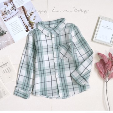 清新淺綠格紋開扣襯衫長袖上衣 秋冬童裝 男童上衣 男童長袖 男童棉T 長袖上衣 秋冬上衣 外套