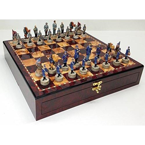 US American Civil War Chess Set W  17" High Cherry  Burlwood Color Gloss S