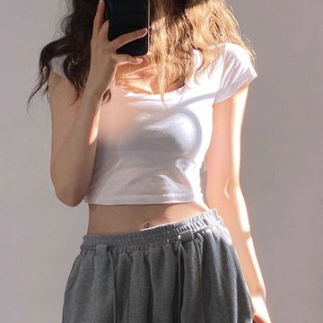 【小個子】145cm 小個子女裝 基礎款 正肩U領短款短袖t恤女 修身顯瘦 辣妹露臍上衣 短板T恤 百搭 純色打底上衣