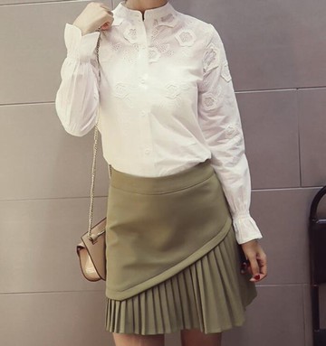 FINDSENSE MD 韓國時尚 女 休閒 顯瘦 立領 勾花 鏤空 長袖襯衫 上衣