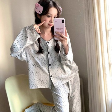 春秋季新款甜美碎花純棉長袖長褲睡衣 女休閒舒適家居服套裝 可外穿 棉質睡衣 兩件套 寬鬆睡衣 居家服