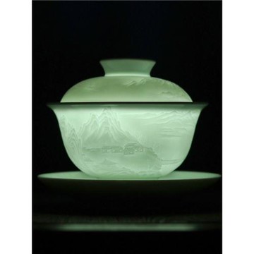 復古仿宋影青雕刻山水萬花紋陶瓷蓋碗三才碗蓋杯敬茶杯宋宴茶具杯