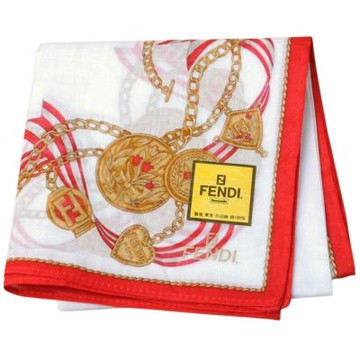 FENDI 品牌金屬鏈條緞帶奢華風格字母LOGO帕巾(白底紅邊系/46CM)