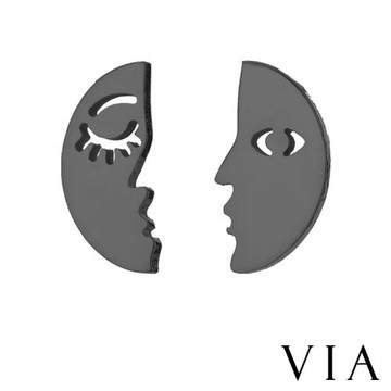 【VIA】個性系列 不對稱人臉造型白鋼耳釘 造型耳釘黑色