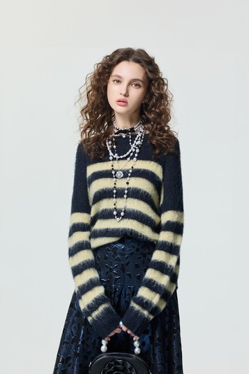 海軍藍仿馬海毛條紋針織