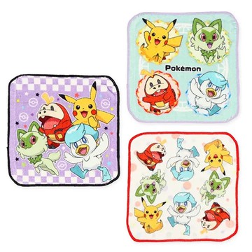 日本西松屋 - 純棉上學擦手巾/手帕(3入組)-卡通人物寶可夢-綠紫系 (16×16cm)