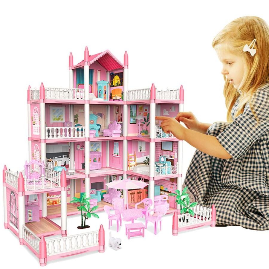 Doll House, Dream Doll House Furniture Pink Girl Toys, 4 Stories 10 Rooms  Dollhouse with 2 Princesses Slide Accessories, Toddler Playhouse Gift for