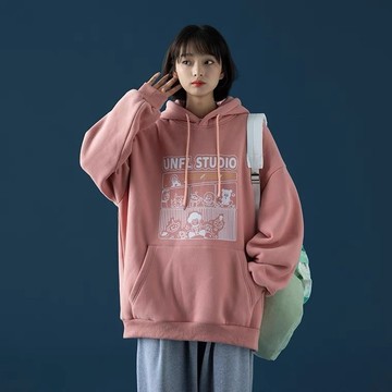 胖胖美依 S-4XL 大碼女裝 印花上衣 學院風 連帽T卹 大尺碼上衣 新款外套學生小眾寬鬆套頭外套-2228.