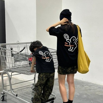 8629 人循環選購💳印花黑色純棉短袖t恤母子母女親子裝夏季韓版寬鬆chic港味上衣潮TCL5