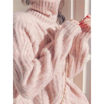 2025年新款中長款馬海毛毛衣女秋冬外穿加厚寬松慵懶高領粉色麻花