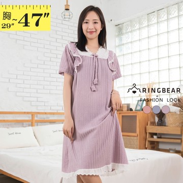 睡衣--甜美復古波浪蕾絲花邊V領寬鬆棉質短袖睡裙(粉.藍.紫XL-3L)-L41眼圈熊中大尺碼