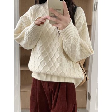 ZY自制 白色加厚毛衣女秋冬寬松外穿慵懶風軟糯麻花設計感上衣