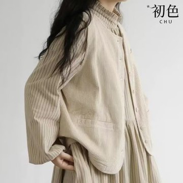 初色 日系純色圓領單排釦燈心絨口袋馬甲背心女背心-杏色-16276(M-2XL可選)