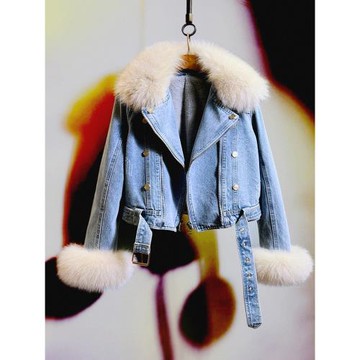 氣質版真狐貍毛牛仔加絨外套女短款棉衣秋冬新款韓版百搭保暖棉服