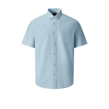 水洗口袋款純棉牛津紡短袖襯衫/粉藍色 | 5113001872