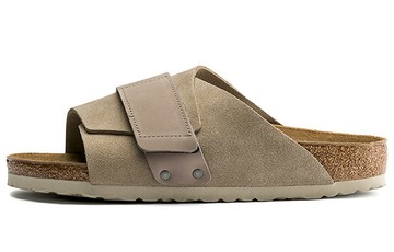 BIRKENSTOCK KYOTO NUBUK LEATHER NARROW FIT SLIDES  TAUPE