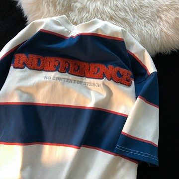 Jew4room日系簡約條紋植絨字母情侶短袖t恤男別致小上衣ins顯瘦