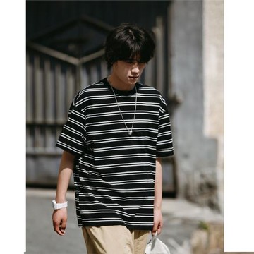 夏季潮牌黑白條紋復古短袖男日系學生休閑T恤寬松五分半袖體恤衫