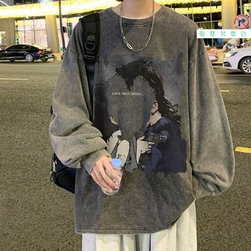 1號倉庫 大尺碼純棉衛衣 大學t 美式復古加絨衛衣男潮牌ins重磅高街水洗2022新款秋冬長袖圓領T恤 長袖上衣 衛衣男