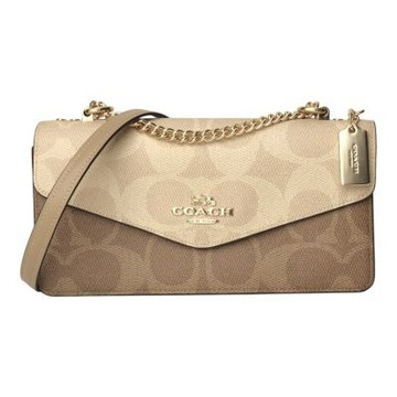 COACH-防刮拼色皮革信封式鍊帶斜背包(淺卡其x杏米)