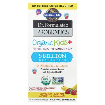 Garden of Life, Dr. Formulated 益生菌，有機兒童 + 咀嚼片，可口有機草莓香蕉味，30 片美味咀嚼片