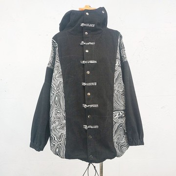 Aman No.81 黑色 台灣迷幻等高線兩扣式連帽外套 男女皆適穿