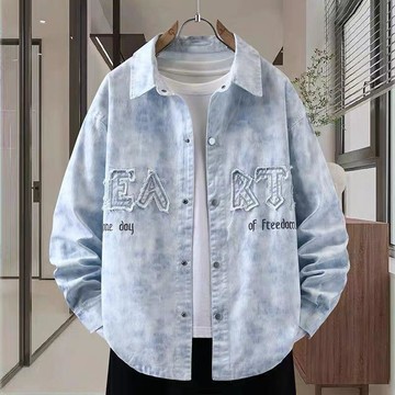臺灣出貨🎊漸變牛仔襯衫夾克男個性字母刺繡貼布繡青少年學生2026春秋薄外套大減價🎁