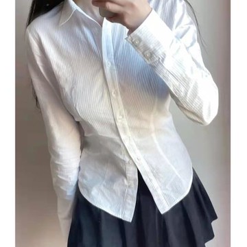 Brandy休閑純棉排扣收腰條紋襯衫bm翻領高級感內搭上衣氣質襯衣女