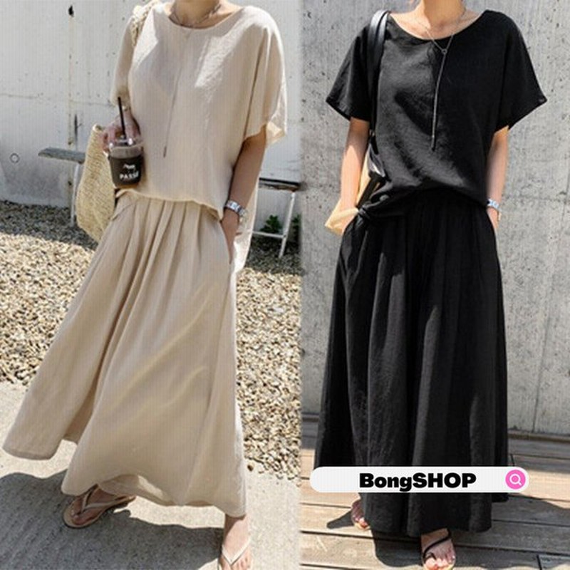 ワンピース レディース 2点セット Tシャツ 夏 半袖 キュロット ワンピース Vネック 韓国風 ロング丈 着痩せ オシャレ スリーブ リネン 通販 Lineポイント最大get Lineショッピング