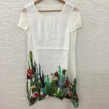 6171高檔女夏春秋30%桑蠶絲70%麻混紡印花短袖連衣裙白色時尚簡約