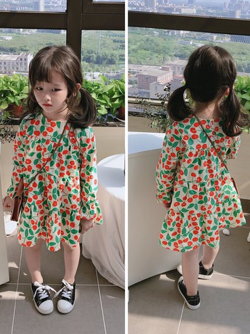 春秋季新款 女童小清新甜美連衣裙 兒童可愛櫻桃圖案圓領裙子1入
