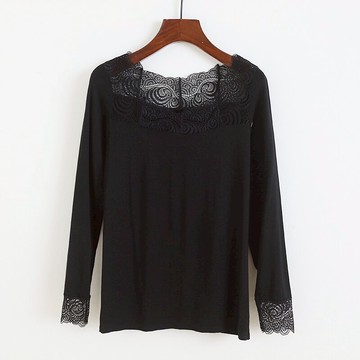 莫代爾彈力打底衫 蕾絲鉤花長袖T恤 女春季新款修身彈力上衣E/3-1