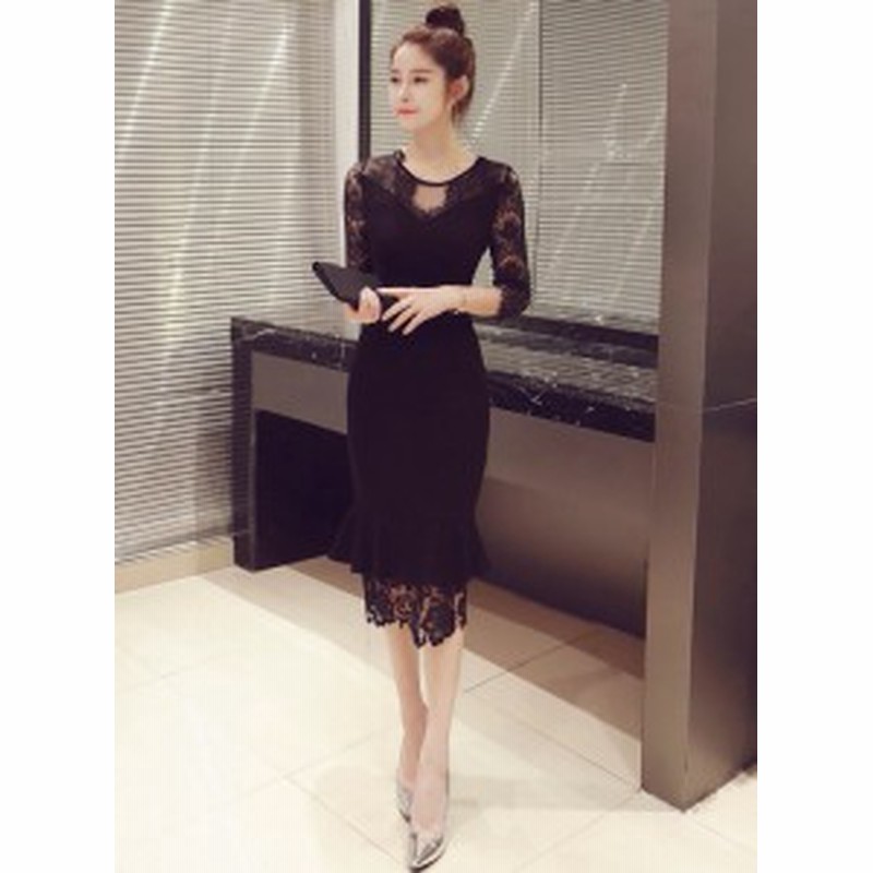 マーメイドドレス パーティードレス 結婚式 お呼ばれドレス 二次会 ワンピース フォーマル 袖あり 五分袖 黒 大きいサイズ レース 韓国 通販 Lineポイント最大get Lineショッピング